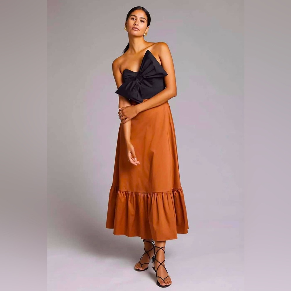 Hutch Bow Dress - black bow and bodice with rust colored flowing skirt